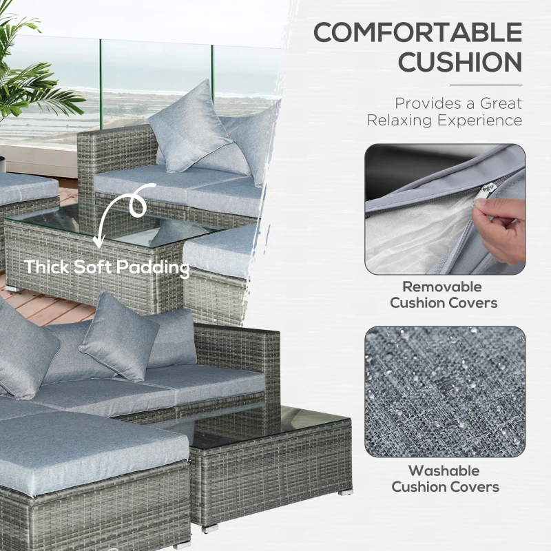 Outsunny 5-Piece Outdoor Sectional Furniture, Patio Sofa Set, PE Wicker Couch, Cushions, Pillows, Ottoman, Table, Light Gray