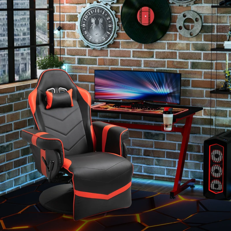 Vinsetto High Back Racing Style Gaming Chair, PU Leather Gamer Recliner Chair with Swivel Pedestal Base, Adjustable Footrest, and Head Pillow, Red
