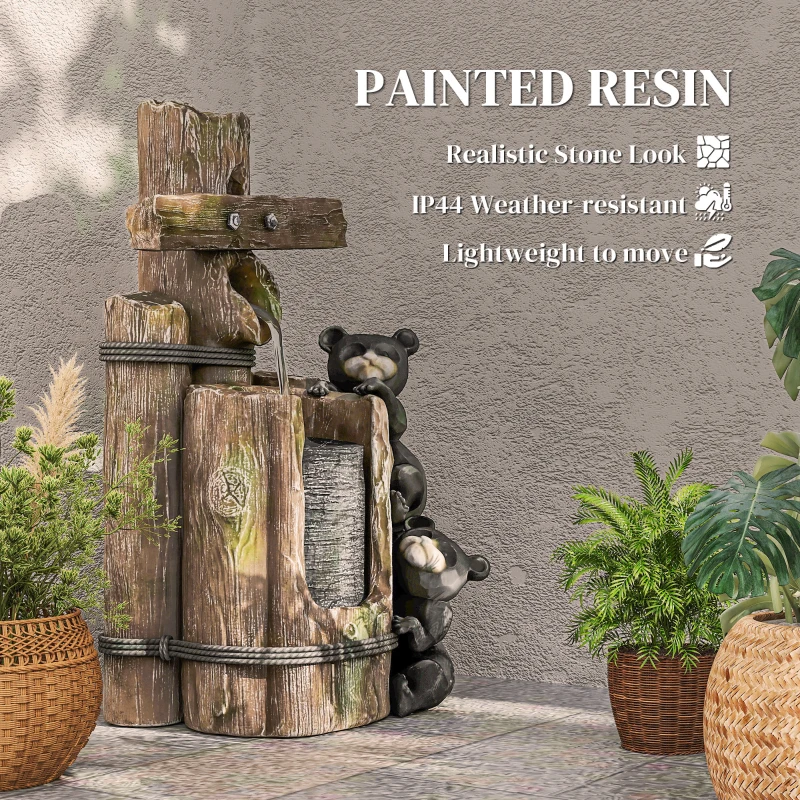 Outsunny 22.8" Water Fountain, 3-Tier Resin Bears on Log Outdoor Waterfall Fountain with LED Lights, Pump