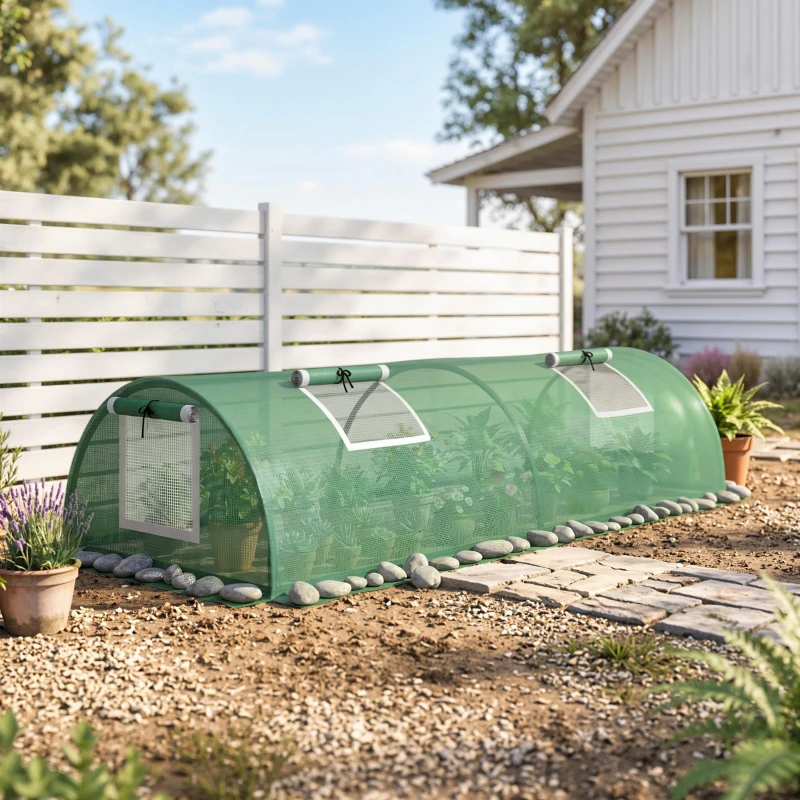Outsunny Portable Mini Greenhouse, Tunnel Growing Tent with 5 Mesh Windows and Steel Frame, 7' x 3' x 2', Green