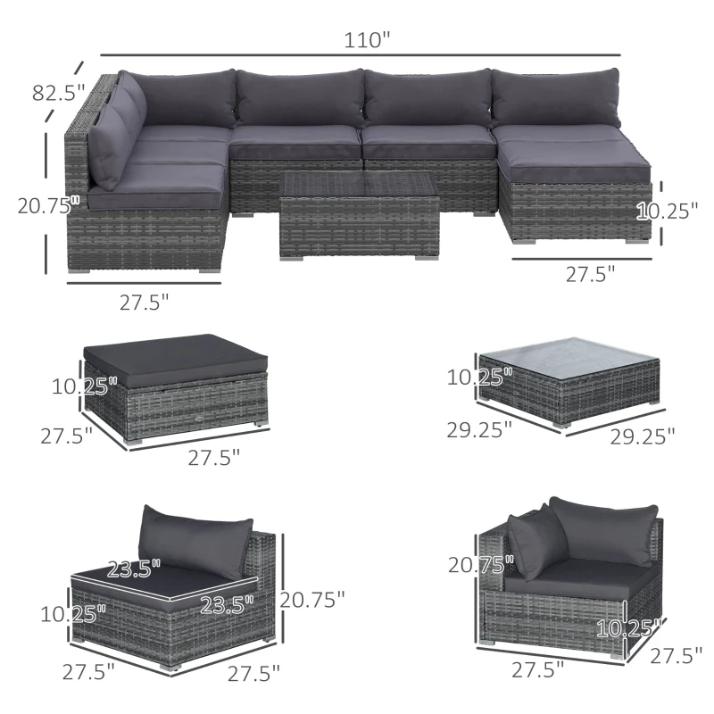 Outsunny Patio Furniture Set, 8 Pieces, Sectional Sofa, All Weather PE Rattan Conversation Set, Tempered Glass Table, 6 Seats, Ottoman Footstool, Cushions for Lawn, Backyard, Gray