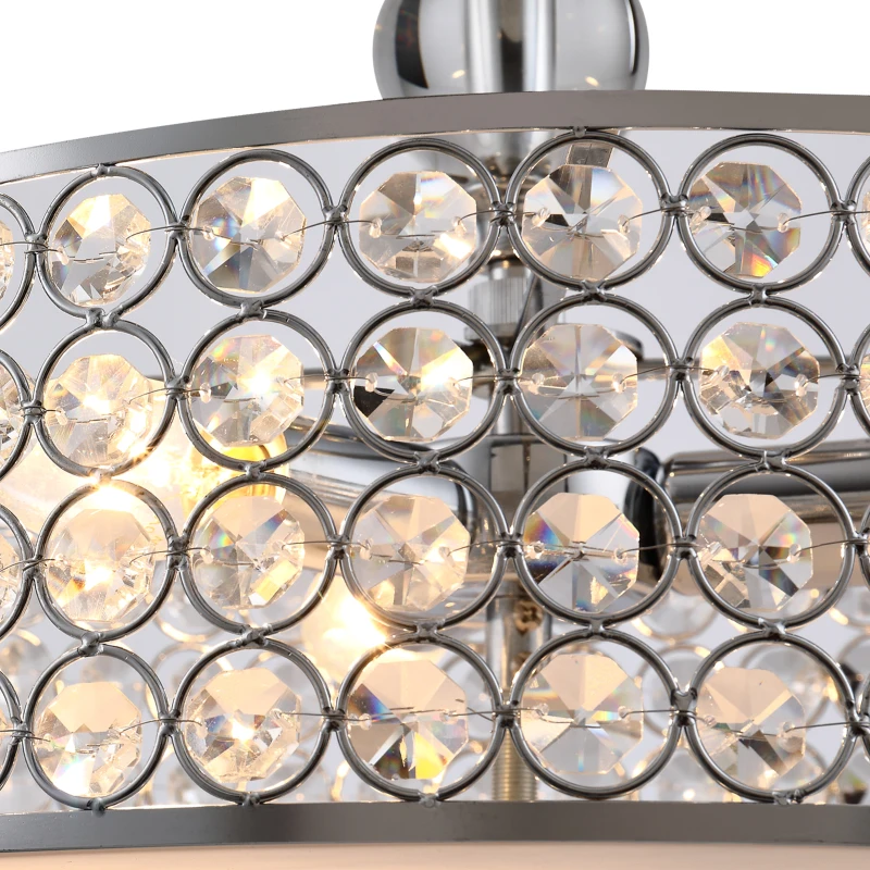 HOMCOM Chandelier Pendant Light Lamp with Crystal Ball Pole, Hanging Ceiling Lamp, Drum Shaped Shade, Metal Base, Silver