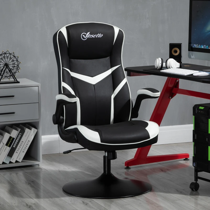 Vinsetto High Back Video Gaming Chair Height Adjustable Flip-up Armrest 360° Swivel Racing Gamer with Pedestal Base, Black and White