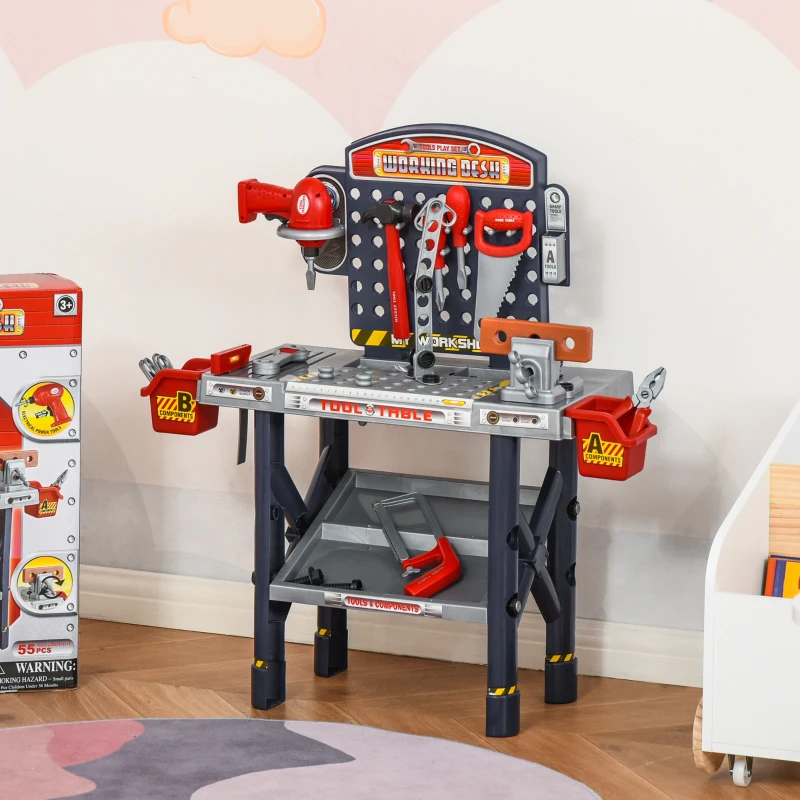 Qaba 55 PCS Kids Workbench and Construction Toy, Toddler Tool Workshop, STEM Educational Pretend Play, w/ Shelf Storage Box, Gift for Boys & Girls, Aged 3-6 Years Old