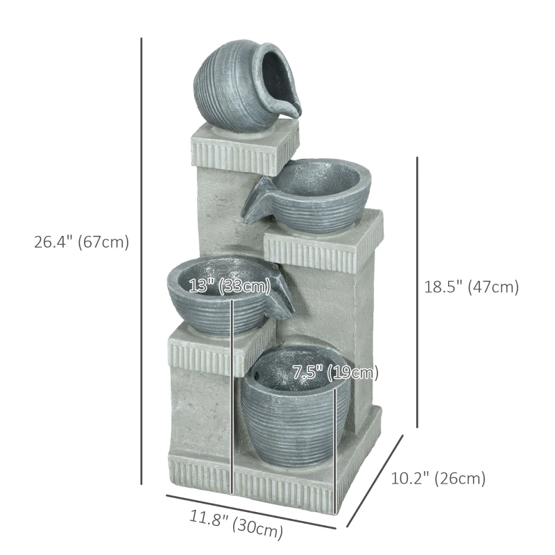 Outsunny 4-Tiered Outdoor Jar and Bowls Water Fountain with LED Lights, Adjustable Flow, 26.4-inch Resin Waterfall Fountain