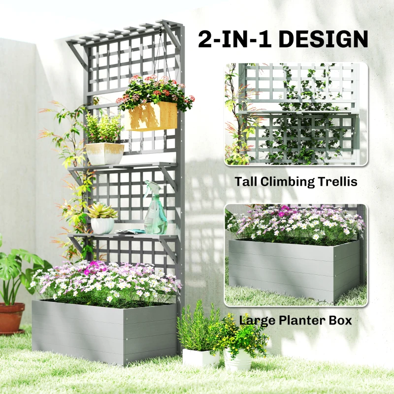 Outsunny Wooden Raised Garden Bed with Trellis and Roof, Elevated Planter Box with 2 Shelves, Drainage Hole and Liner, Grey