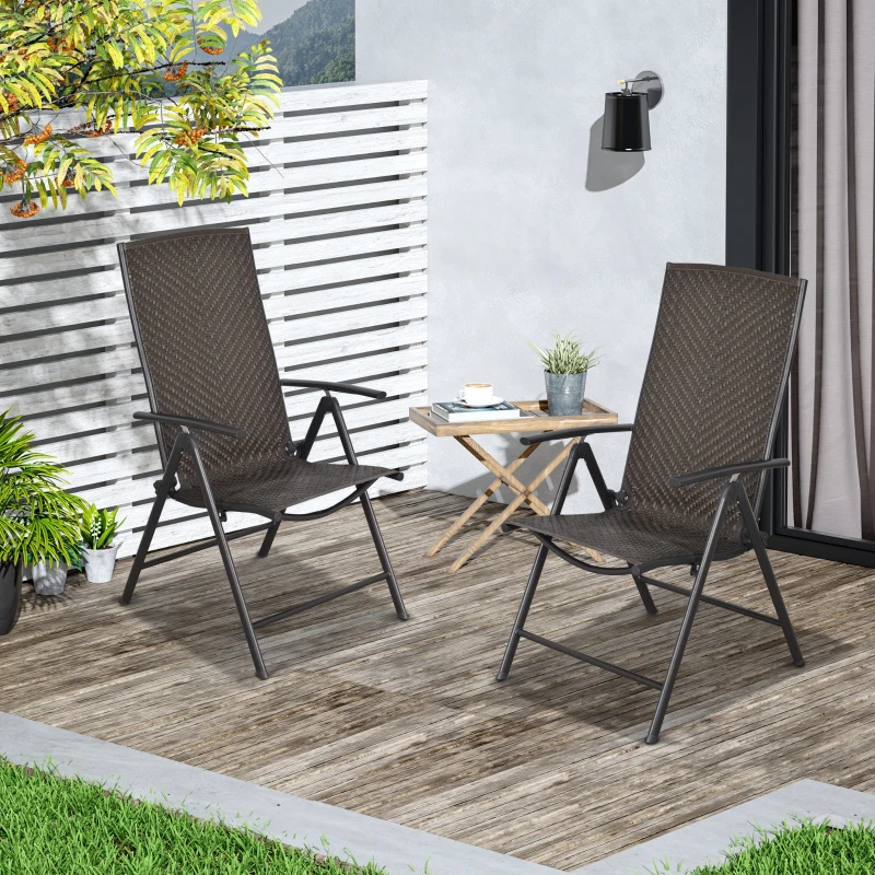 Outsunny Set of 2 Rattan Wicker Patio Dining Chairs with  Backrest Adjustable and Folding Design, Outdoor Recliner Set for Garden, Backyard, Lawn, Balcony, Mixed Gray