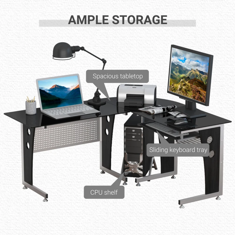 HomCom 65" Modern Corner L-Shaped Glass Top Computer Desk With Keyboard Tray