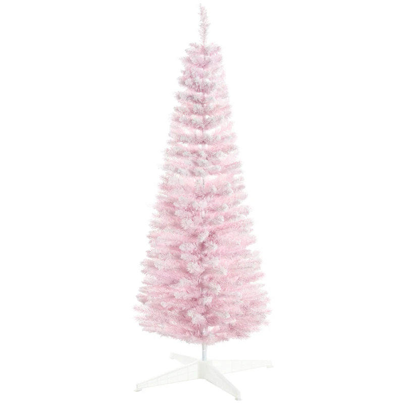 HOMCOM 5' Decorated Christmas Tree Snow Flocked Artificial Christmas Tree with Pencil Shape, Realistic Branches, Pink