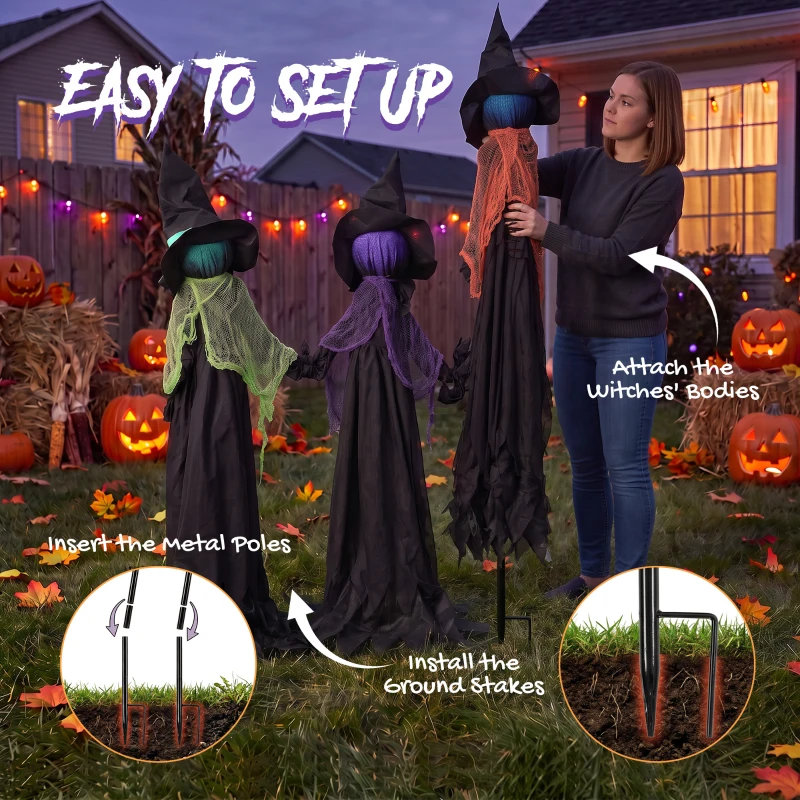 HOMCOM 48" Holding Hands Witch Trio Stake Halloween Yard Decoration, Halloween Witch Decor with Multicolored Light-Up Heads