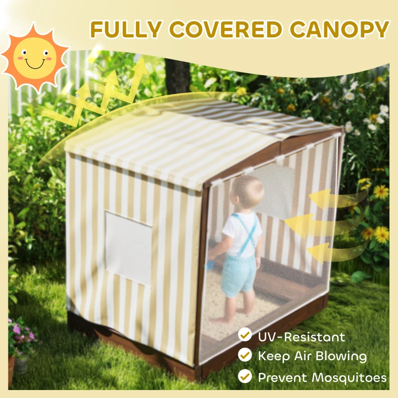 Qaba Kids Wooden Sandbox with Canopy Fully Covered, 2 Bench Seats, Bottom Liner, 56" x 40" x 52", Brown