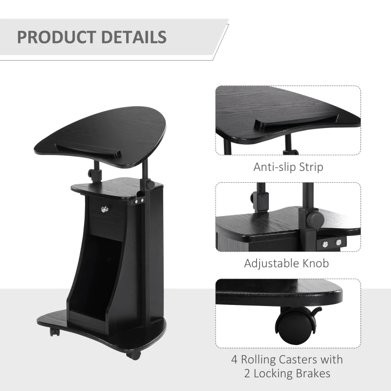 HOMCOM Mobile Laptop Cart, Sit-to-Stand Computer Desk with Drawer, Height Adjustable Rolling Podium Desk Stand with Swivel Top & Storage, Black