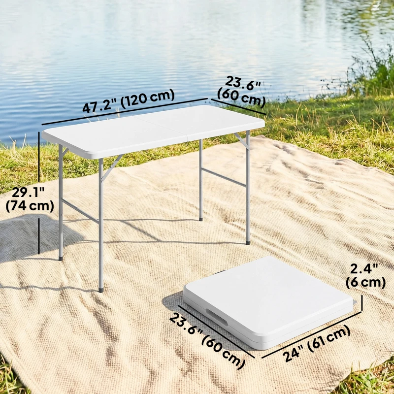 Outsunny 47" x 24" Folding Camping Table, Picnic Table with 2 Adjustable Heights and Carrying Handle, Indoor Outdoor Use, White