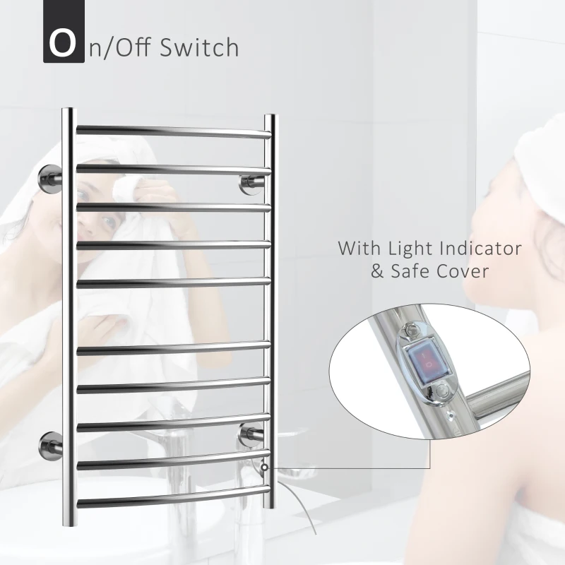 HomCom 10-Bar Curved Stainless Steel Wall Mounted Electric Heated Towel Rack Warmer
