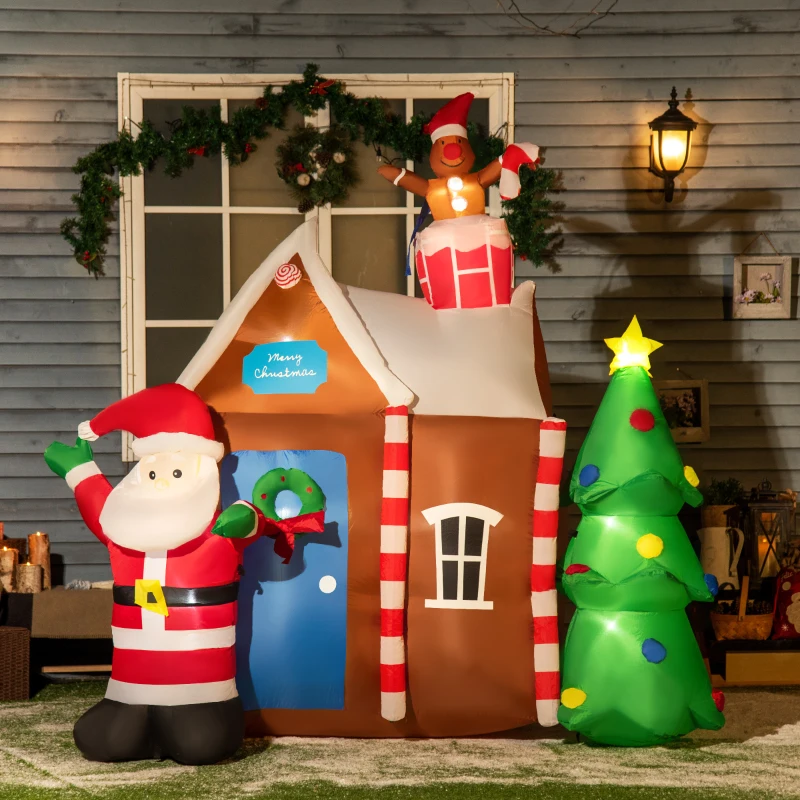 Outsunny 7.5ft Christmas Inflatables Outdoor Decorations Gingerbread House with Santa Claus and Christmas Tree, Blow-Up LED Yard Christmas Decor for Lawn Garden Party
