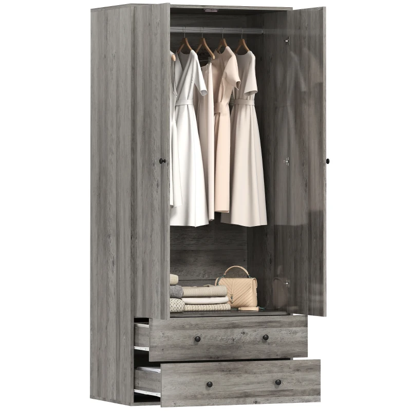 HOMCOM Modern Wardrobe Closet Armoire with 2 Drawers and Hanging Rod, Clothes Storage Organizer for Bedroom, Grey