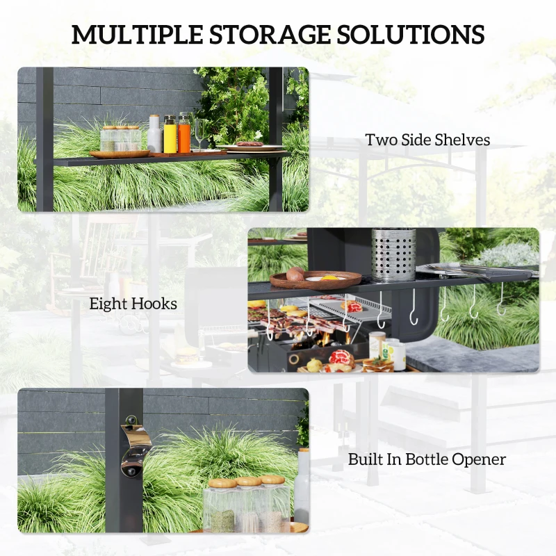Outsunny 8' x 5' Grill Gazebo, Double Tiered BBQ Gazebo with LED Light, 2 Side Shelves, Hooks and Bottle Opener, Dark Grey
