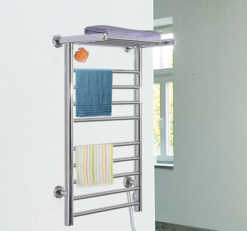 HomCom 9-Bar Stainless Steel Wall Mounted Electric Heated Towel Rack Warmer With Shelf