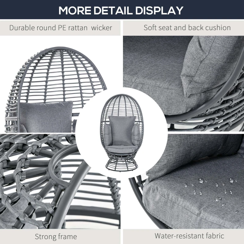 Outsunny Wicker Egg Chair, 360 Rotating Indoor Outdoor Boho Basket Seat with Cushion and Pillows for Backyard, Porch, Patio, Garden, Handwoven All-Weather PE Rattan, Steel Frame, Gray