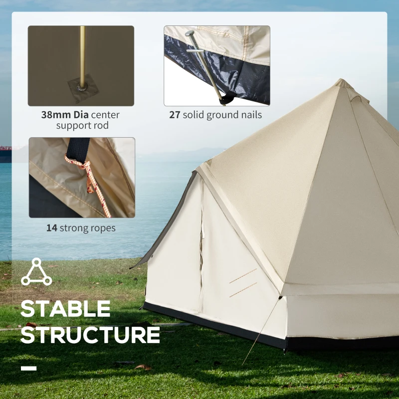 Outsunny 16.4' Large Family Teepee Tent Canvas Bell Tent Camp Shelter for Camping Hunting Beige