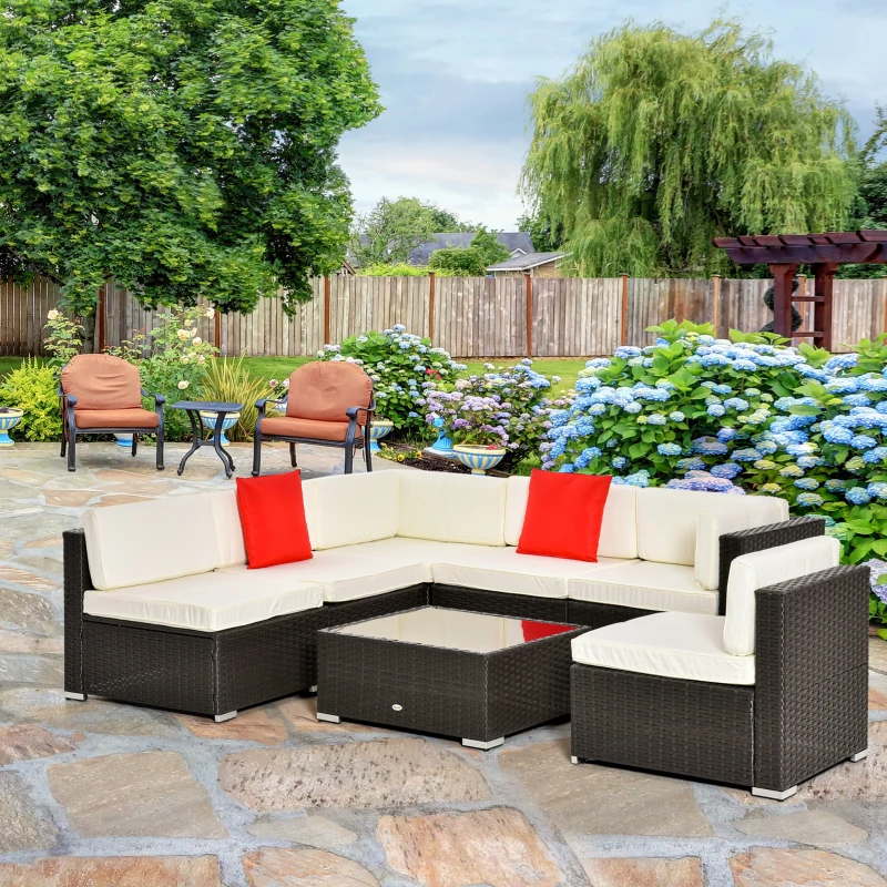 Outsunny 7 Piece Patio Furniture Set, Wicker Outdoor Sectional Sofa Set, All Weather PE Rattan Outdoor Furniture Conversation Sets with Cushions, Glass Top Coffee Table, Pillows, Cream White