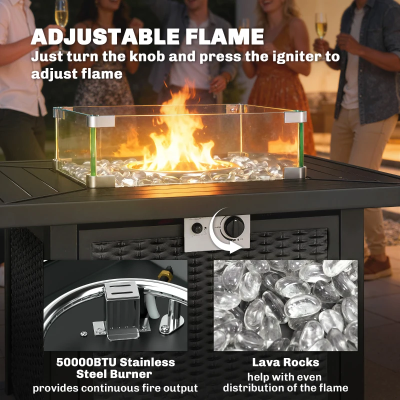 Outsunny 32" Propane Gas Fire Pit Table, 50,000 BTU Square Patio Table with Fire Pit, Wind Guard, Lid, CSA Certified, Black