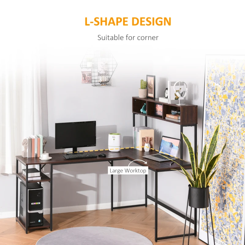 HOMCOM L-Shaped Home Office Desk with Bottom Tower Shelf, 3 Cube Shelves, Computer Writing Desk with Metal Frame, Walnut Brown