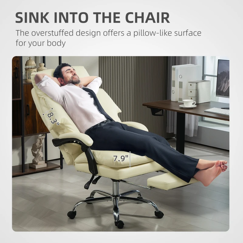 HOMCOM Overstuffed Office Chair, High Back Desk Chair with Foot Rest, Reclining PU Leather Computer Chair, Cream White