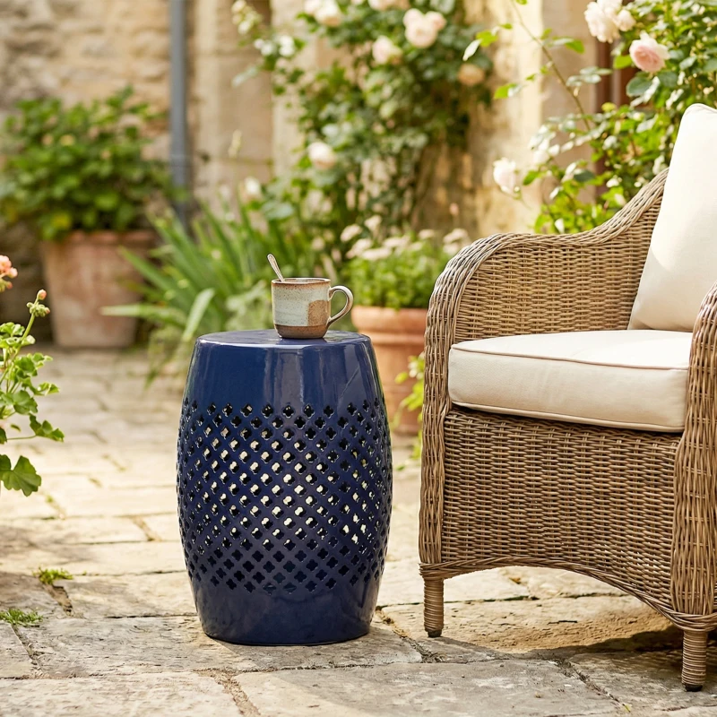 Outsunny 12" Steel Patio End Table, Round Hollow Drum Side Table, Accent Table for Indoor and Outdoor, Navy Blue