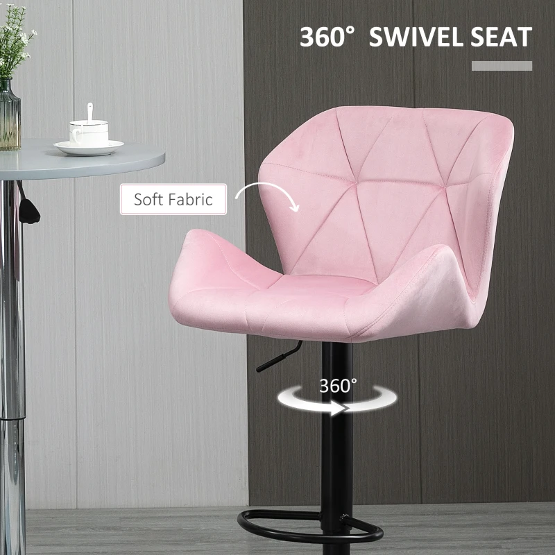 HOMCOM Velvet-Touch Bar Stool Set of 2 Fabric Adjustable Height Armless Counter Chairs with Swivel Seat, Pink
