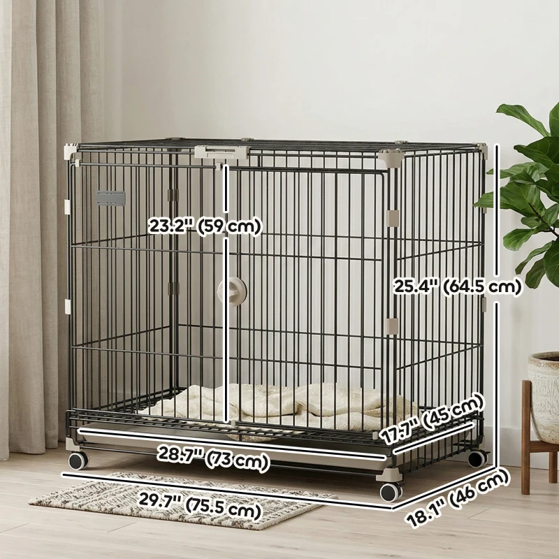 PawHut Dog Crate, 30 Inch Metal Dog Cage with Removable Tray, Lockable Wheels, 2 Doors for Small Medium Breeds, Black