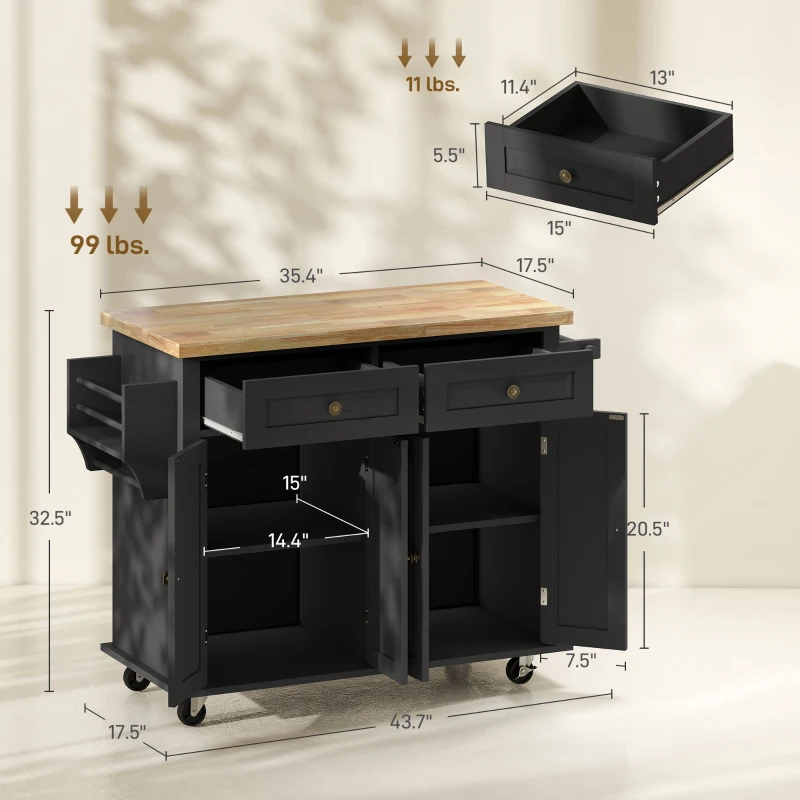 HOMCOM 44" Mobile Kitchen Island Table, Kitchen Island Cart on Wheels with Storage Cabinets, 2 Drawers, Black
