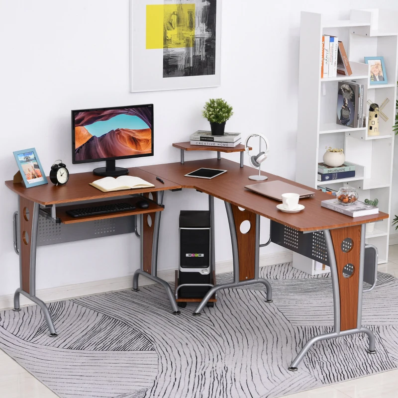 HOMCOM L-Shaped Corner Computer Office Desk Workstation with Elevated Shelf, Rolling Keyboard Tray, & Convenient CPU Stand, Brown