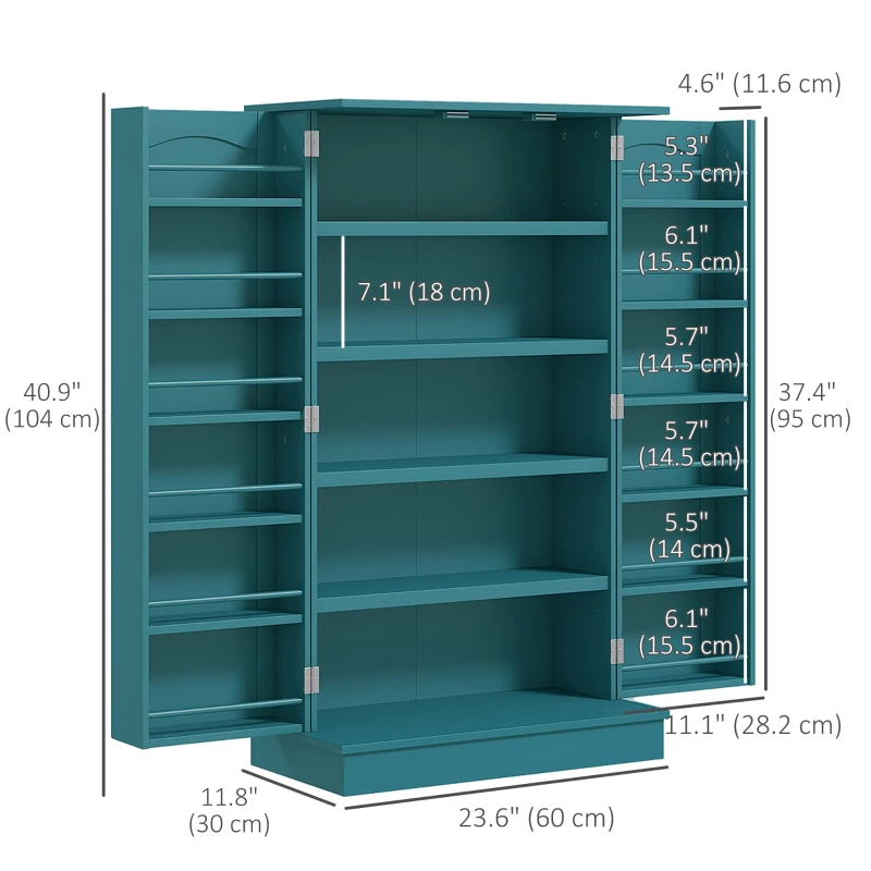 HOMCOM 41" Storage Cabinet, 2-Door Kitchen Pantry Cabinet with 5-tier Shelving, 12 Spice Racks, Adjustable Shelves, Teal Blue