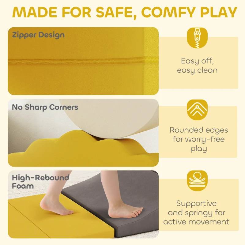 Qaba 7-Piece Baby Soft Play Set, Indoor Soft Play Gym Activity Play Set for Crawling, Sliding and Playing, Yellow