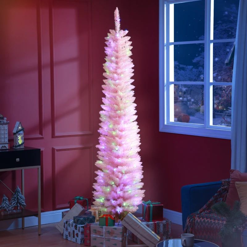 HOMCOM 7' Prelit Christmas Trees, Pencil Artificial Christmas Tree with Colorful Surface Branches, Colorful LED Lights, Pink