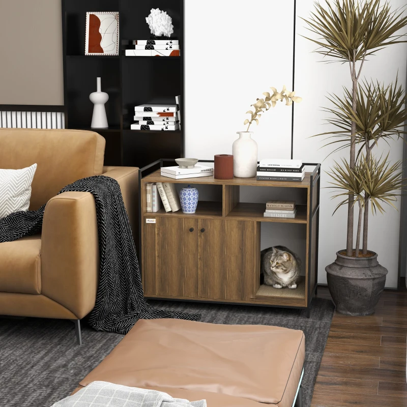 PawHut Hidden Cat Litter Box Enclosure with Scratching Pad, Cat Washroom Storage Bench Side End Table with Double Doors, Brown