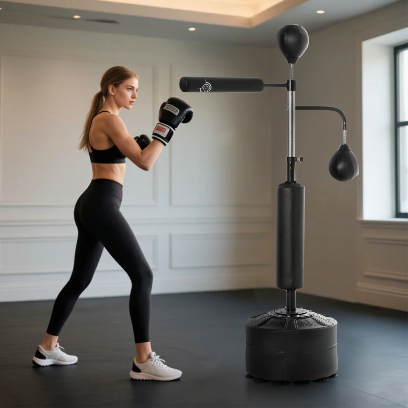 Soozier 4-in-1 Boxing Punching Bag Stand with 2 Speedballs, 360° Relax Bar, & PU-Wrapped Bag & Adjustable Height, Black