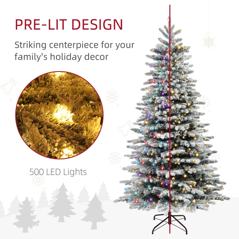 HOMCOM 7.5ft Snow Flocked Artificial Christmas Tree, Pre-Lit Christmas Tree with 500 LED Lights and 1264 Branch Tips, Green