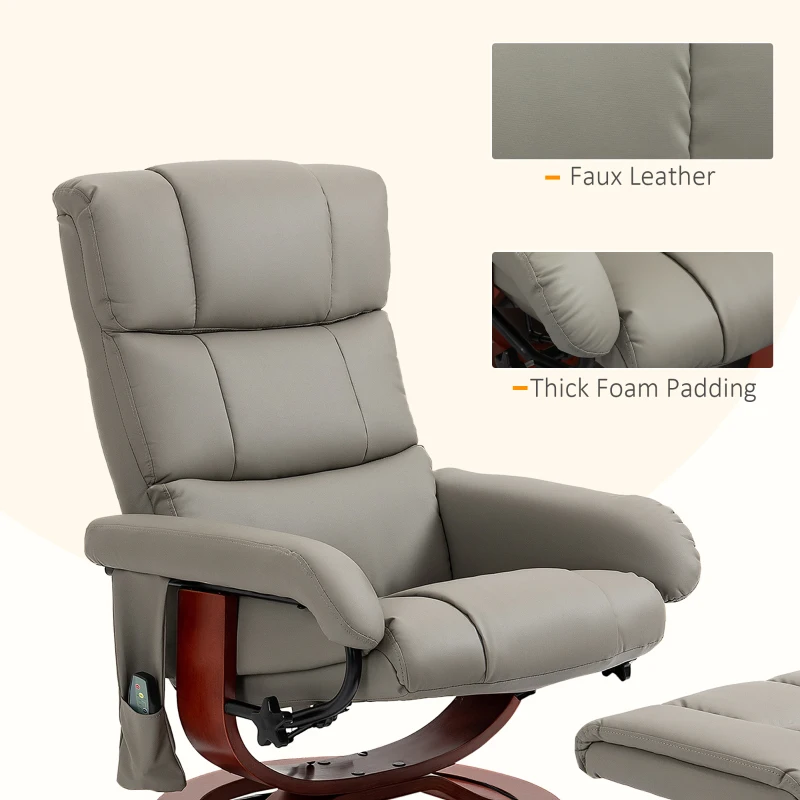 HOMCOM Massage Recliner Chair with Ottoman, Swivel Recliner and Footrest, Faux Leather Reclining Chair w/ Remote Control, Gray