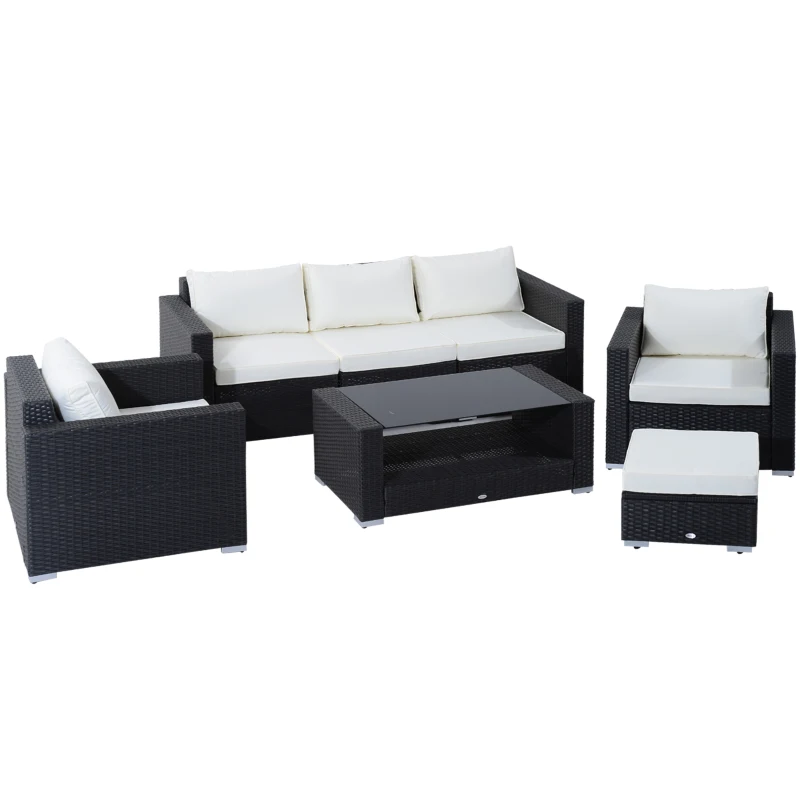 Outsunny 7 Pieces Patio Wicker Furniture Set, Outdoor PE Rattan Sectional Conversation Furniture Sofa with Glass Table and Cushion, Beige