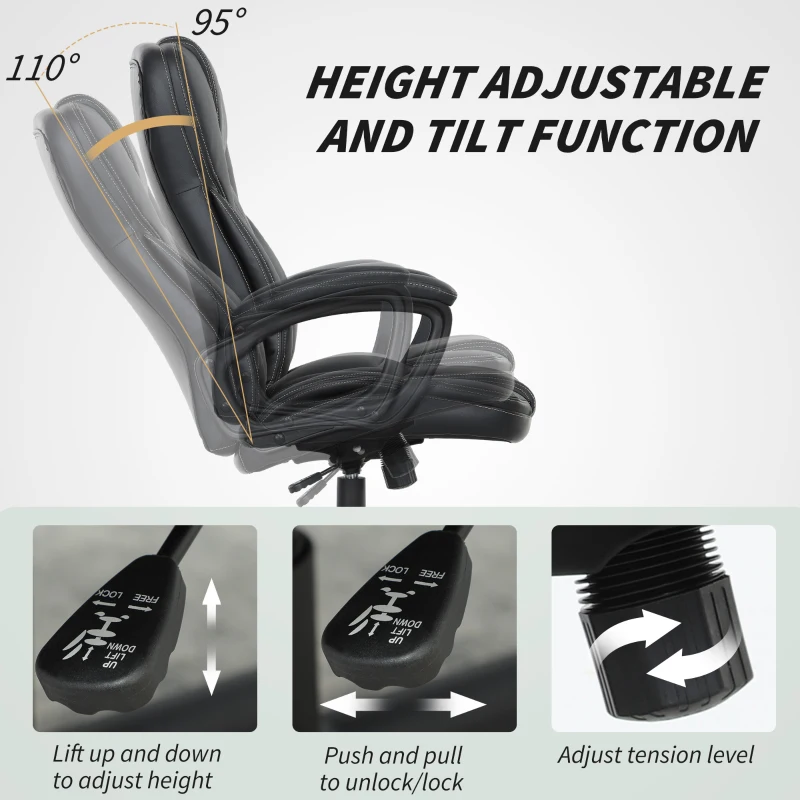HOMCOM High Back Ergonomic Office Chair, PU Leather Executive Desk Chair with Adjustable Height and Swivel Wheels, Black