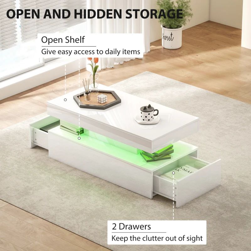 HOMCOM LED Coffee Table, Living Room Table with 2 Drawers and Open Shelf, High Gloss White