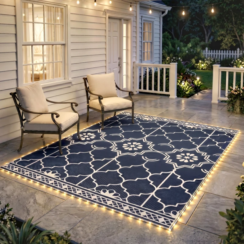Outsunny Reversible Outdoor Rug Carpet with LED Lights, 10' x 8' PP Straw Rug with Carry Bag and Ground Stakes