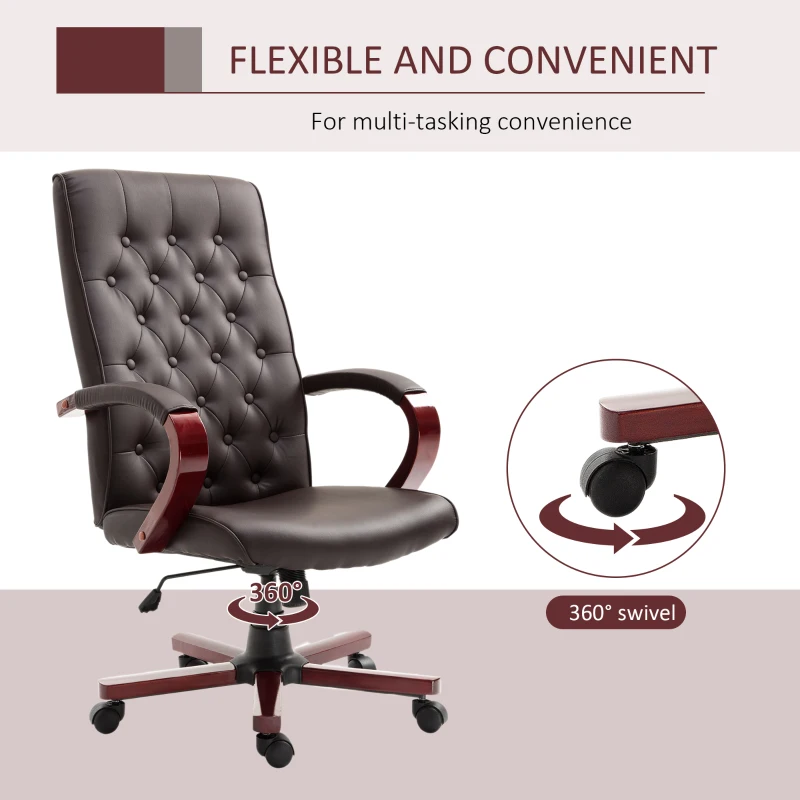 Vinsetto High Back Faux Leather Office Chair with Button Tufted Design, Executive Computer Desk Chair with Solid Wood Feet and Arms, Brown