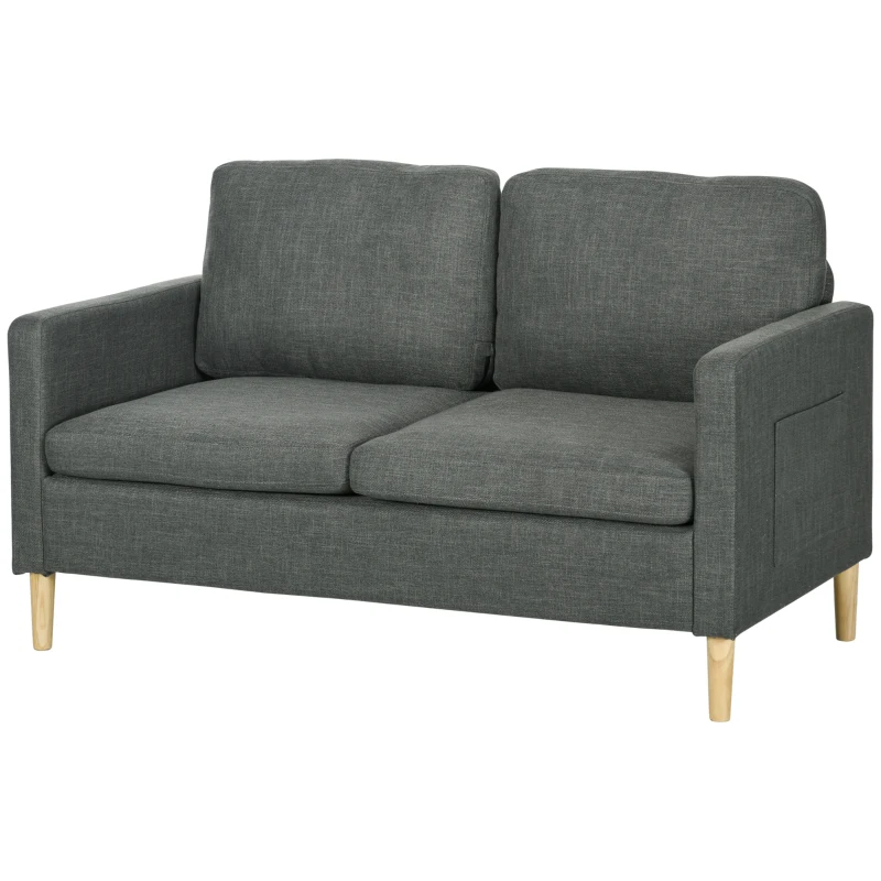 HOMCOM 56" 2 Seat Sofa, Modern Love Seats Furniture, Upholstered 2 Seater Couch with Side Pockets, Solid Wood Frame, Grey