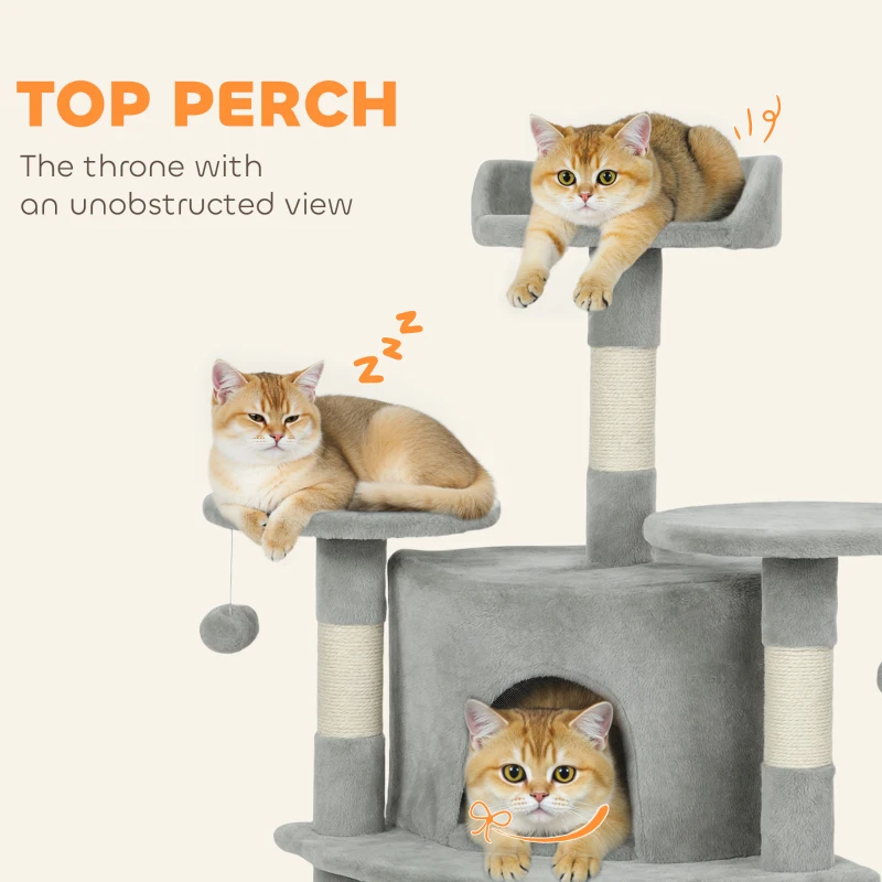 PawHut 62" Cat Tree with Scratching Post, 2 Condos, Hammock, Perches, Plush, Pompoms, for Indoor Cats, Light Grey