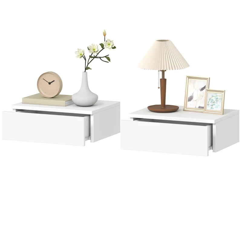 HOMCOM Set of 2 Wall Mounted Bedside Tables, Floating Nightstands with Drawer for Bedroom, White