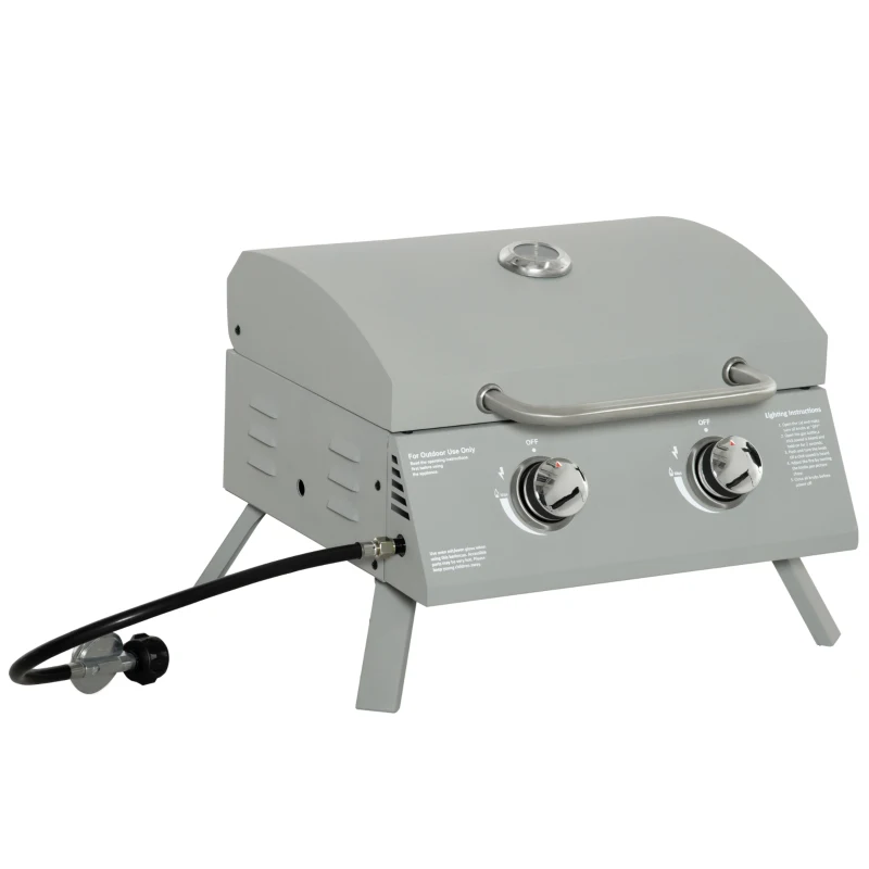 Outsunny 2 Burner Propane Gas Grill, Portable Tabletop BBQ with Foldable Legs, Lid, for Camping, Picnic, Silver