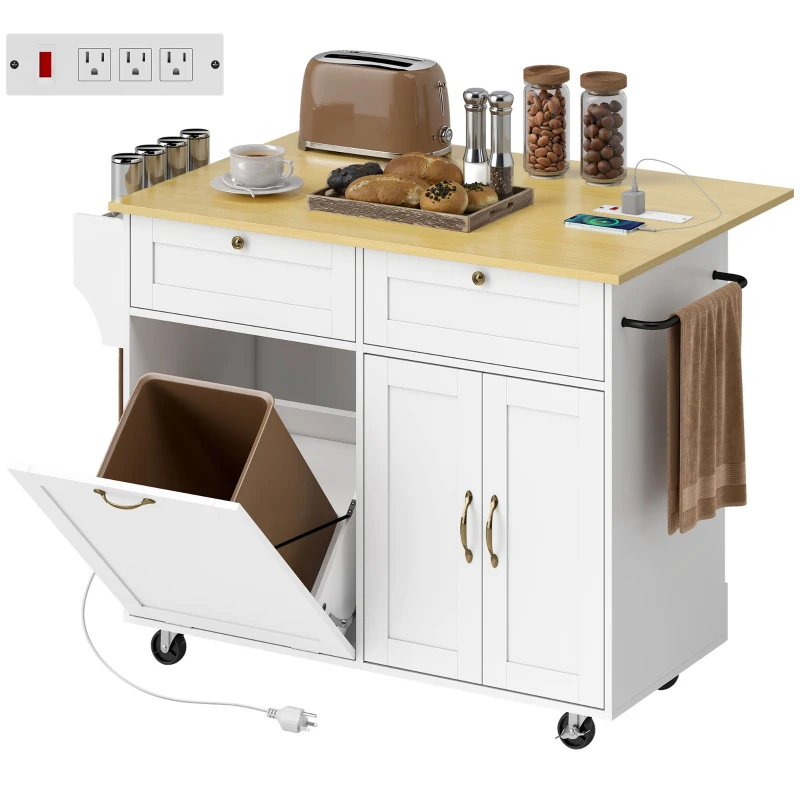 HOMCOM Kitchen Island Cart with Charging Station and Drop Leaf, Kitchen Island Table on Wheels with Trash Can Cabinet, White